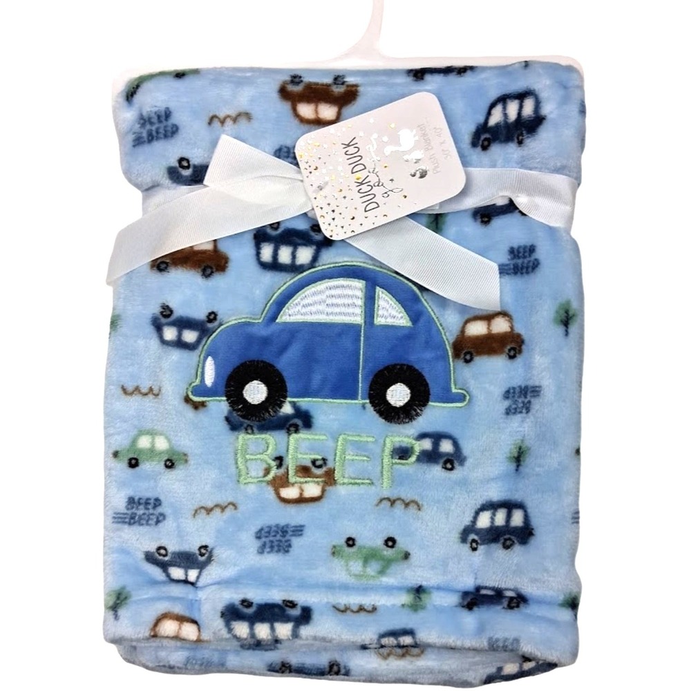 Duck Goose Blue Car Beep Baby Blanket  Embroidered‎ Boy Fleece Soft Lovey NWT